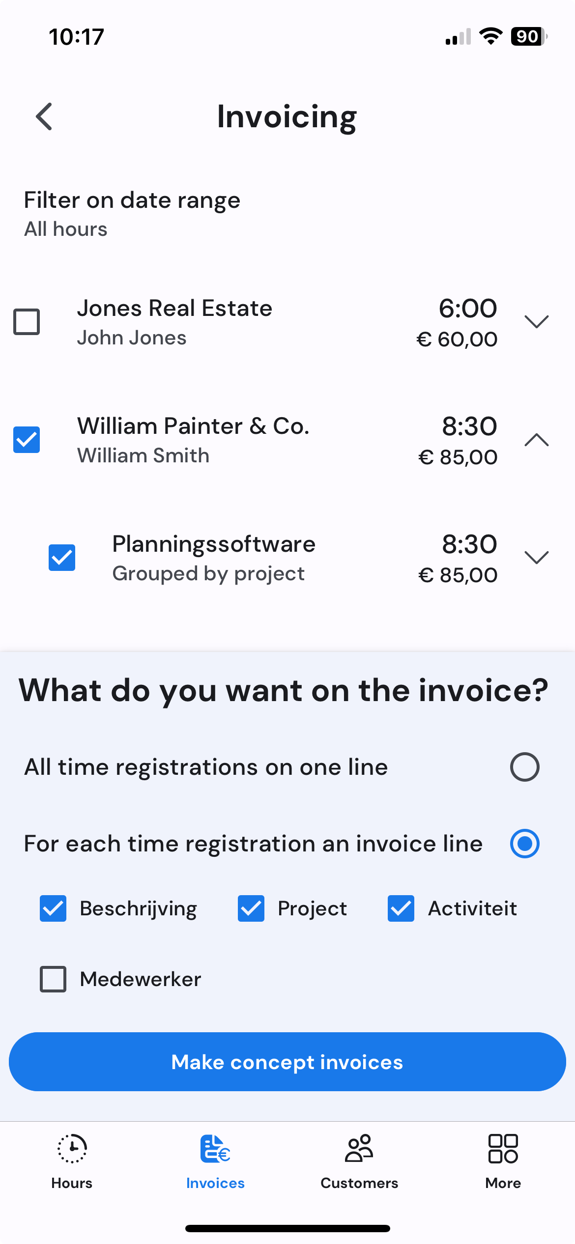 Invoice overview on mobile