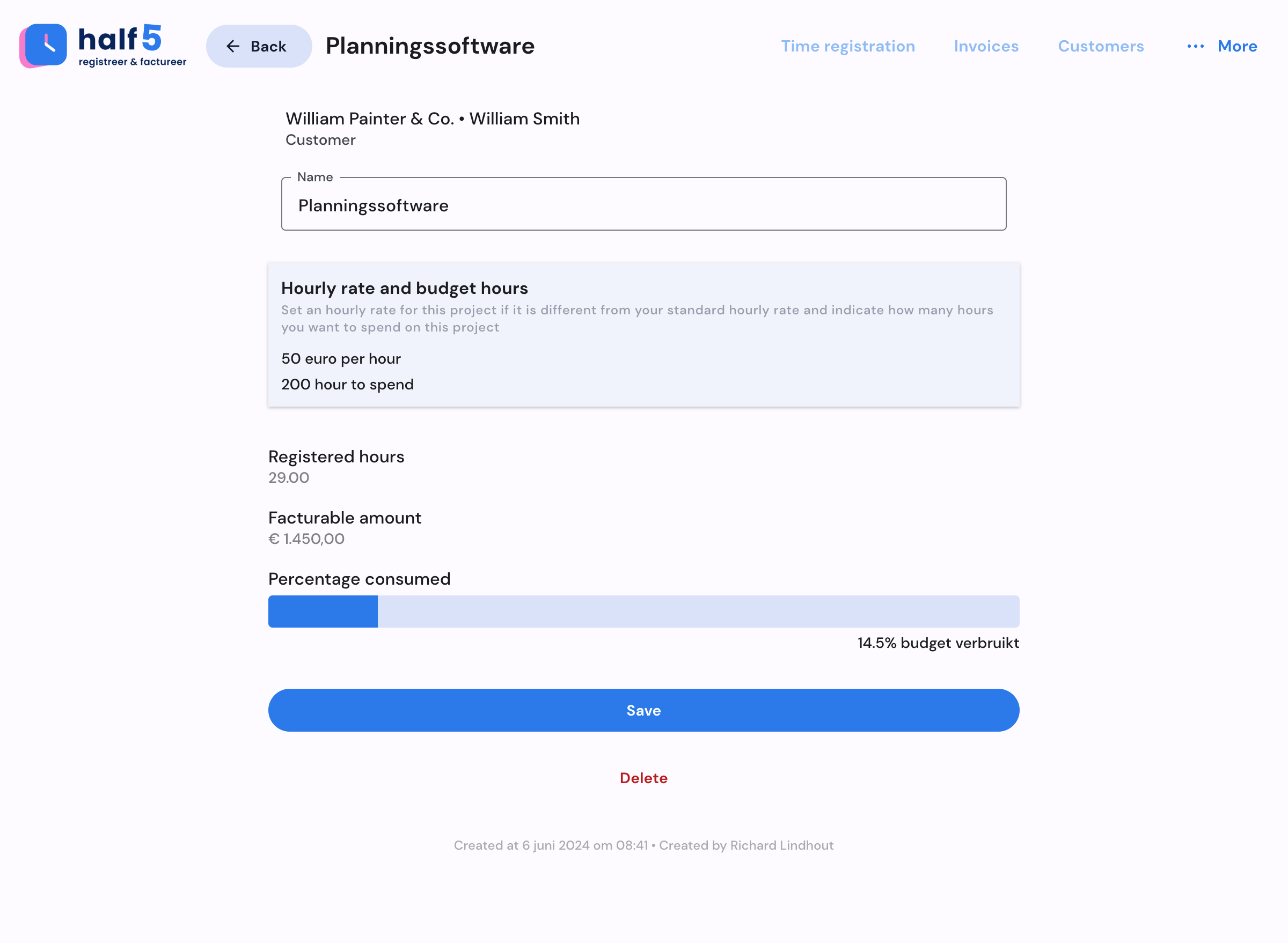 Half5 project detail with budget and hourly rate