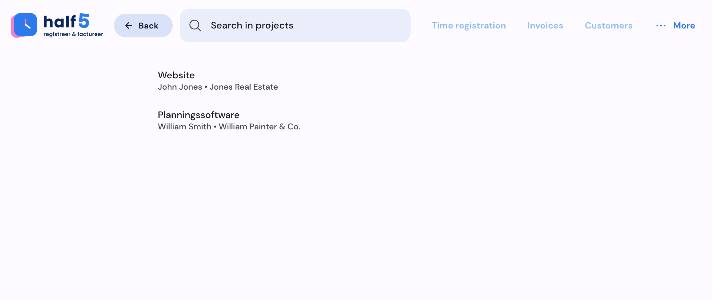 Half5 project overview with customers and project hours