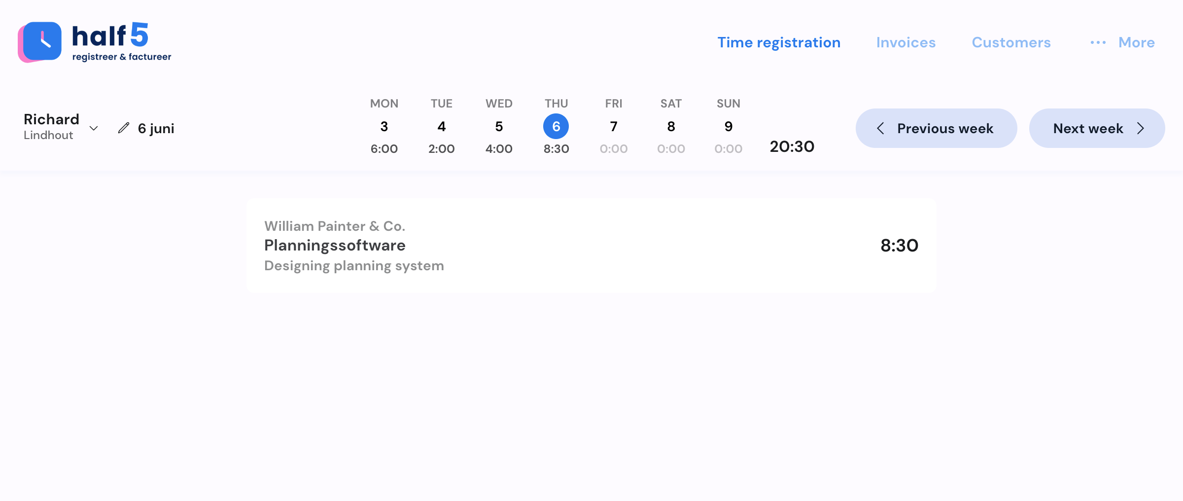 Half5 desktop overview of registered hours