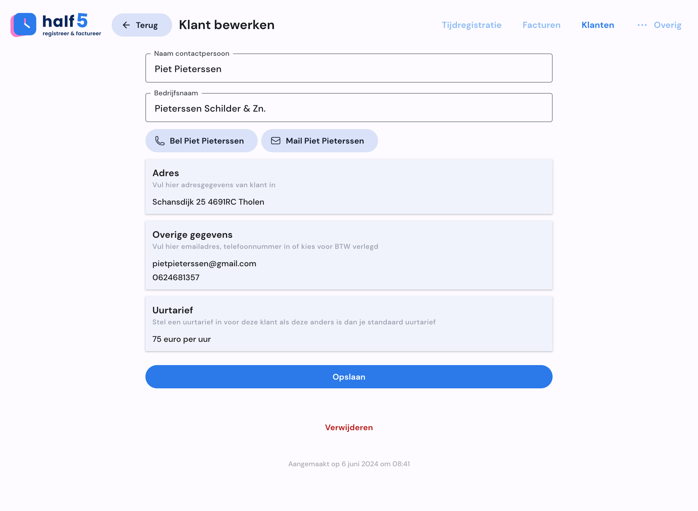 Half5 klantdetail met factuur- en tariefdata