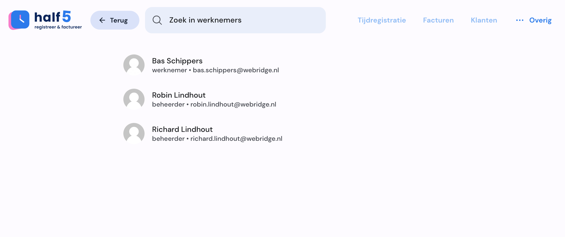 Half5 medewerkersoverzicht met teamleden en capaciteit