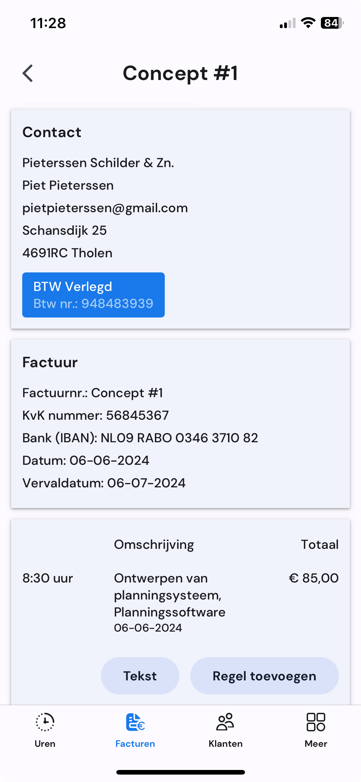 Conceptfactuur details op mobiel